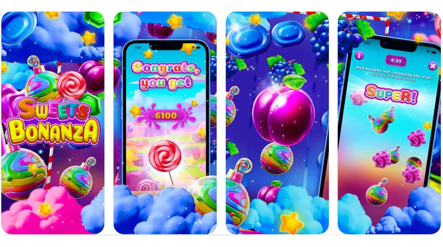 Четыре мобильных скриншота, показывающих игровой процесс Sweet Bonanza: титульный экран, экран выигрыша с 6100 очками, экран с фруктовыми символами и бонусный экран 'SUPER!' с анимацией парящих конфет