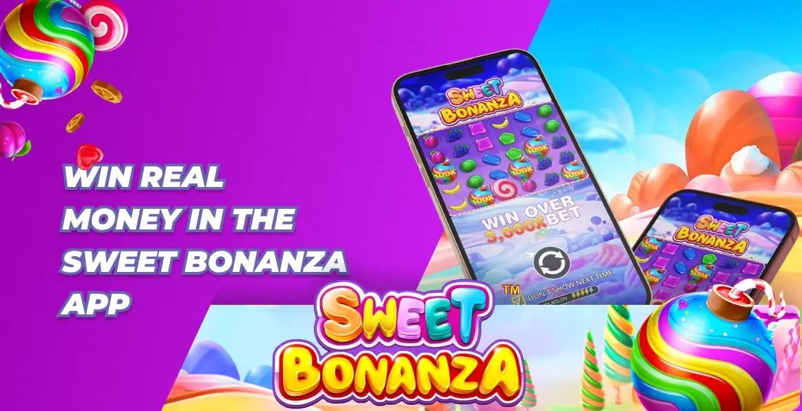 Рекламный баннер Sweet Bonanza с красочным текстом 'ВЫИГРЫВАЙТЕ РЕАЛЬНЫЕ ДЕНЬГИ В ПРИЛОЖЕНИИ SWEET BONANZA' на фиолетово-синем фоне с радужным леденцом и экранами мобильных телефонов